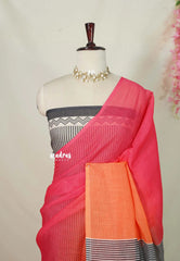 (PRE-BOOKING) Strawberry Orange Popsicle - Linen Cotton Saree with Gradient Ombre tone with Stripes Pallu and Blouse - Perfect for Office Wear | Summer wear | Casual Wear