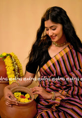 Organic linen black and lavender stripes Black pallu - Vanibhojan saree