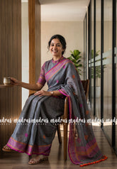 Cool Grey - Thoolika - Organic Linen Handloom Silk Thread Border and Pallu - Perfect for Office Wear