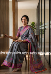 Cool Grey - Thoolika - Organic Linen Handloom Silk Thread Border and Pallu - Perfect for Office Wear
