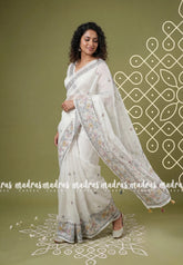 Ivory White - Fine Quality Organza Silk with Rice Embroidery Border - Best for Engagements / Haldi / Reception