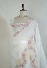 Creamy Ivory - Soft Organza Silk Saree with Cut Embroidery Border - Best for Diwali Festive