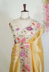 Sandal Gold - Premium Organza Silk Saree with Big Lace Embroidery Border - Best for Engagements / Haldi / Reception / Party Wear