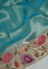Muted Teal Blue - Premium Organza Silk Saree with Big Lace Embroidery Border - Best for Engagements / Haldi / Reception / Party Wear