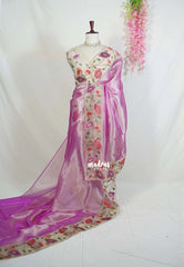 Magenta Mist - Premium Organza Silk Saree with Big Lace Embroidery Border - Best for Engagements / Haldi / Reception / Party Wear