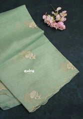 Pastel Green - Organza Silk with Small Rose Embroidery - Best for Engagements / Haldi / Reception