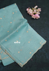 Pastel Blue - Organza Silk with Small Floral Embroidery - Best for Engagements / Haldi / Reception