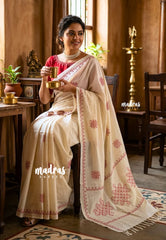 Ivory Cream - Oviyam - Madras Margazhi Special Handblock kolam Printed Bamboo Cotton Double Blouse Combo