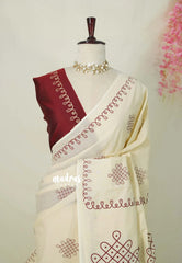 Ivory Beige - Oviyam - Madras Margazhi Special Handblock kolam Printed Bamboo Cotton Double Blouse Combo