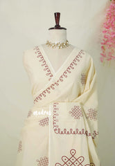 Ivory Beige - Oviyam - Madras Margazhi Special Handblock kolam Printed Bamboo Cotton Double Blouse Combo