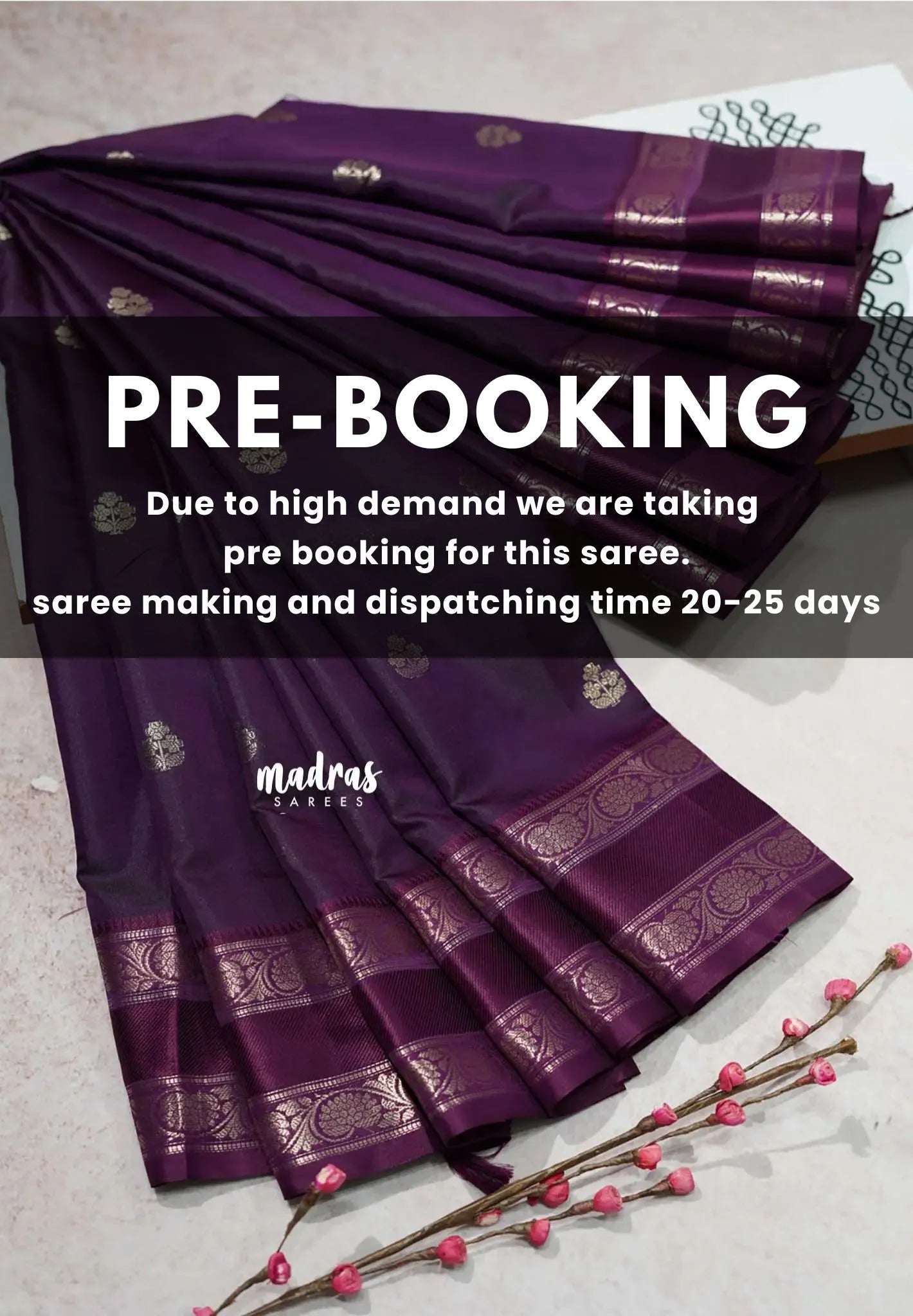 Purple saree with gold patterns on a light background, with text about pre-booking.