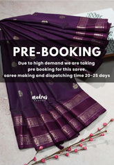 Purple saree with gold patterns on a light background, with text about pre-booking.