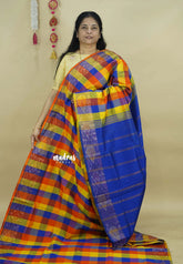 Multichecks Blue pallu - Vaibhogam - Silk Cotton with Kattam Body with pochampalli border - Paalum Pazhamum - Best for functions