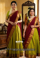 Dual Shade Mehndi Green - Karthigai Silk Cotton Pavadai Thavani / Half saree Set - Unstitched - Devasena