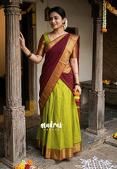 Dual Shade Mehndi Green - Karthigai Silk Cotton Pavadai Thavani / Half saree Set - Unstitched - Devasena