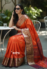 Temple Sunset Orange - Thendral - Kanchi semi silk with paithani border - Perfect for Festive Wear
