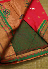 SALE! Rich Malai silk with paithani weaving bavanji border - Rani pink
