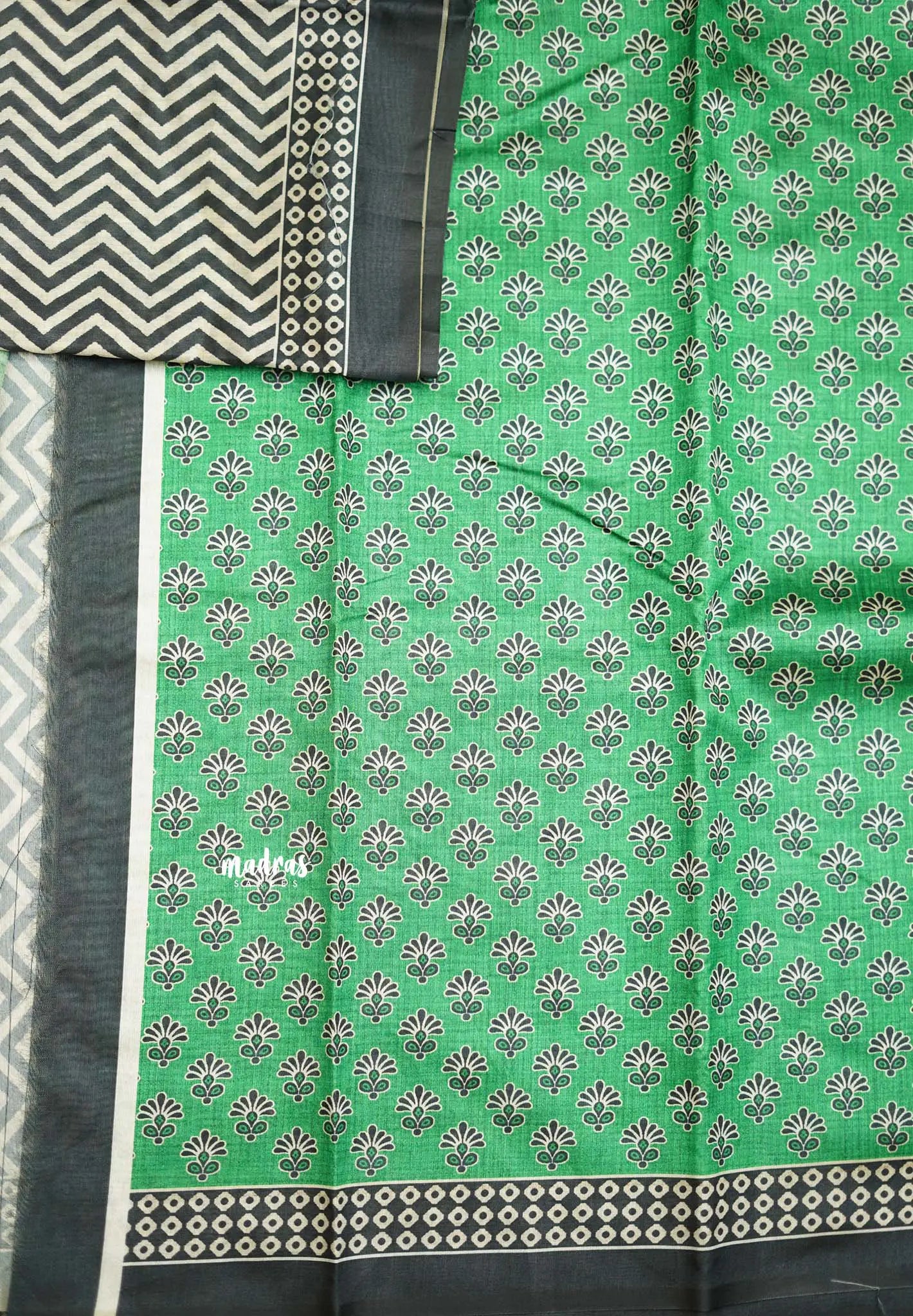 Yamini Paper silk with Ajrakh pallu and blouse - Black with Green - Madras Sarees