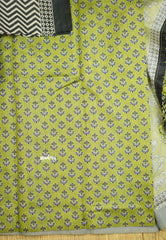 Yamini Paper silk with Ajrakh pallu and blouse - Black with Neon green - Madras Sarees