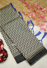 Yamini Paper silk with Ajrakh pallu and blouse - Black with Ink blue - Madras Sarees