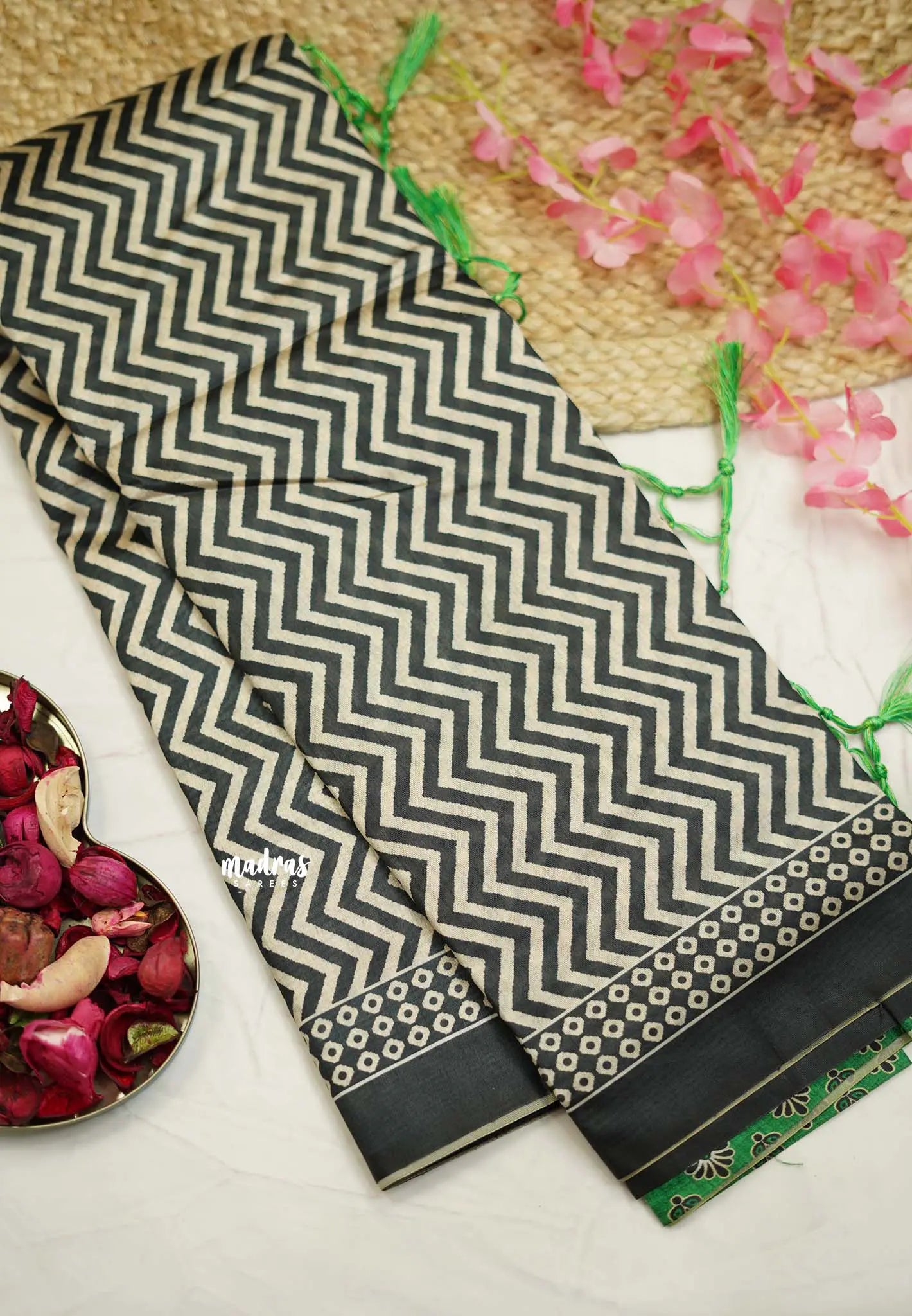 Yamini Paper silk with Ajrakh pallu and blouse - Black with Green - Madras Sarees