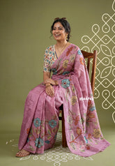 Mauve Pink - Rukmani - Premium Tussar Silk with Pen Kalamkari Patch Work Floral Motif - Perfect for Small Functions