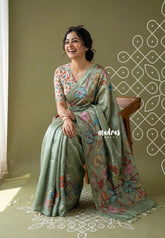 Greyish Green - Rukmani - Premium Tussar Silk with Pen Kalamkari Patch Work Floral Motif - Perfect for Small Functions