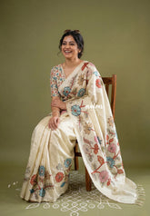 Ivory Beige - Rukmani - Premium Tussar Silk with Pen Kalamkari Patch Work Floral Motif - Perfect for Small Functions