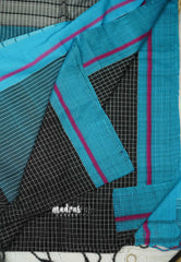 Patteda Anchu saree Black with Ananda blue border - Madras Sarees