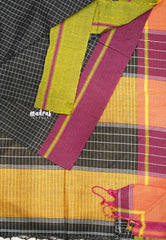 Patteda Anchu saree Black with Neon green and pink Ganga Jamuna border