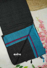 Patteda Anchu saree Black with Ananda blue border - Madras Sarees