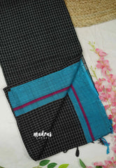 Patteda Anchu saree Black with Ananda blue border - Madras Sarees