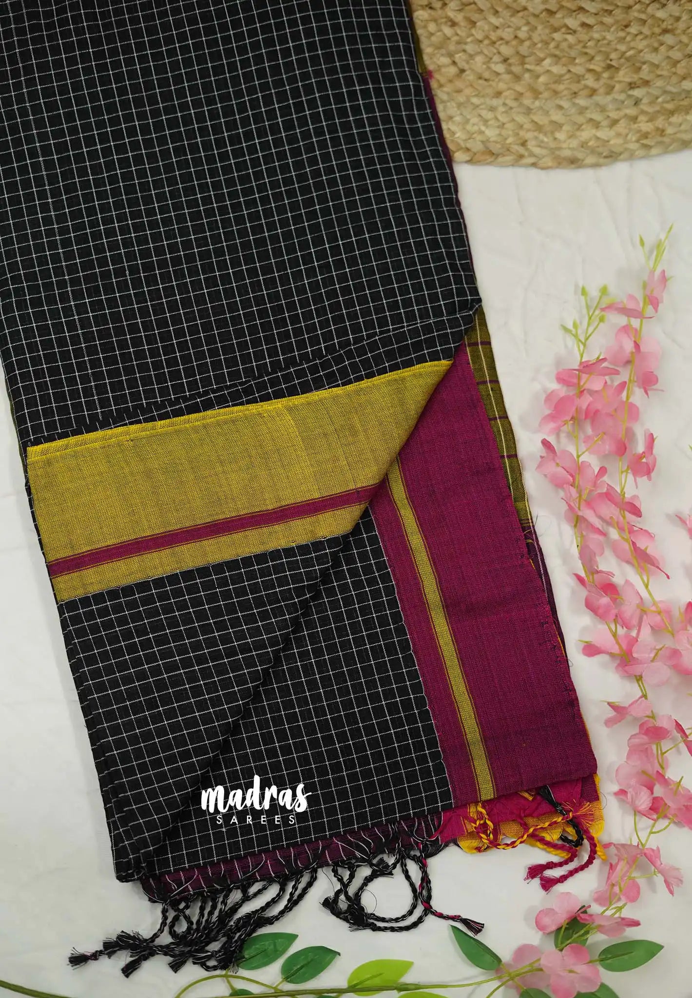 Patteda Anchu saree Black with Magenta and Yellow Ganga Jamuna border - Madras Sarees