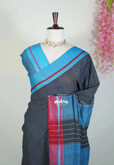 Patteda Anchu saree Black with Maroon and Ananda Blue Ganga Jamuna border