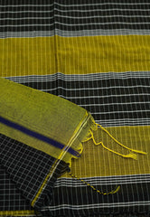 Patteda Anchu saree Black with Blue and Yellow Ganga Jamuna border - Madras Sarees