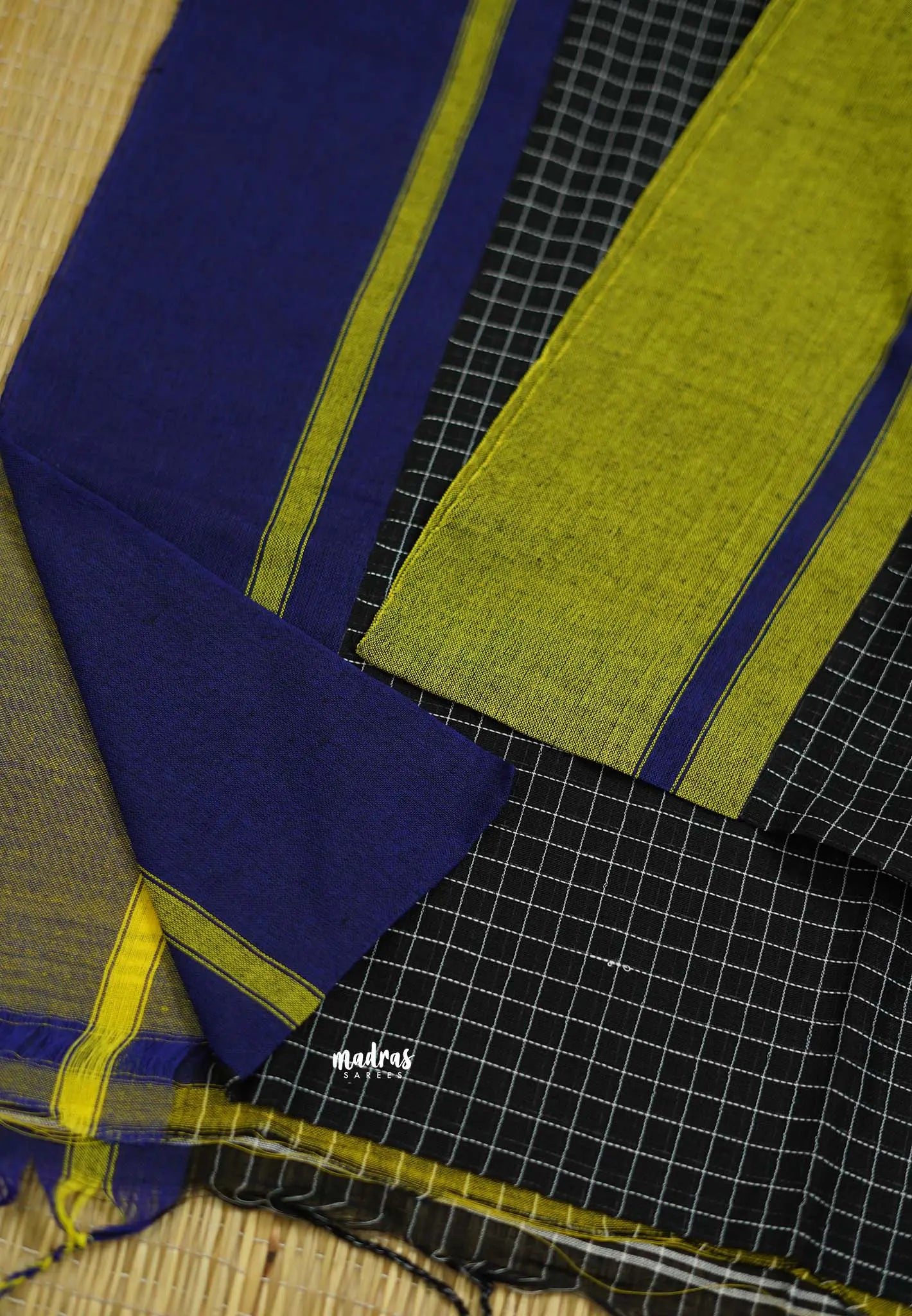 Patteda Anchu saree Black with Blue and Yellow Ganga Jamuna border - Madras Sarees