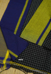 Patteda Anchu saree Black with Blue and Yellow Ganga Jamuna border - Madras Sarees
