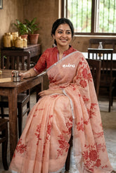 Peach Glow - Linen Cotton Saree with Floral Prints - Best for Office Wear | Casual Wear