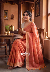 Peach Orange - Pragathi - Linen Cotton Saree Geometric Prints - Perfect for Office Wear | Summer wear | Casual Wear