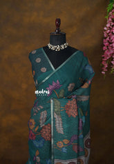 Teal Green - Jasmine - Fancy Jute Cotton with Kalamkari Prints - Perfect for Office Wear