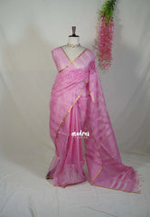 Pink - Soft Organza silk with stripes weaving with small zari border