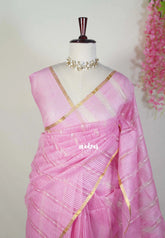 Pink - Soft Organza silk with stripes weaving with small zari border