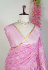 Pink - Soft Organza silk with stripes weaving with small zari border
