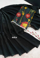 Deep black - Plain space silk with kalamkari printed blouse
