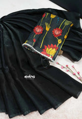 Deep black - Plain space silk with kalamkari printed blouse