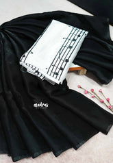 Deep black - Plain space silk with kalamkari music notes blouse