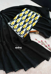 Deep black - Plain space silk with kalamkari ikkat printed blouse