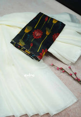 Cream white - Plain space silk with kalamkari printed blouse