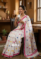 Polka dots Khadi White (Multicolor dots)