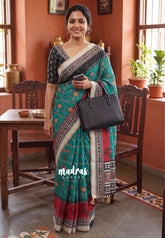 Peacock Green with Black - Pragathi - Linen Cotton Saree Ganga Jamuna Border with Contrast Blouse - Best for Office Wear | Casual Wear